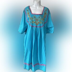 Vintage 90s Muumuu Housedress with Embroidered Colorful Accents